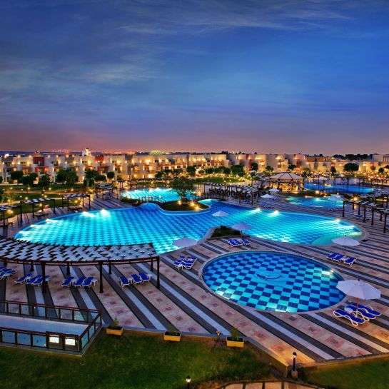 A Large Swimming Pool With A City In The Background